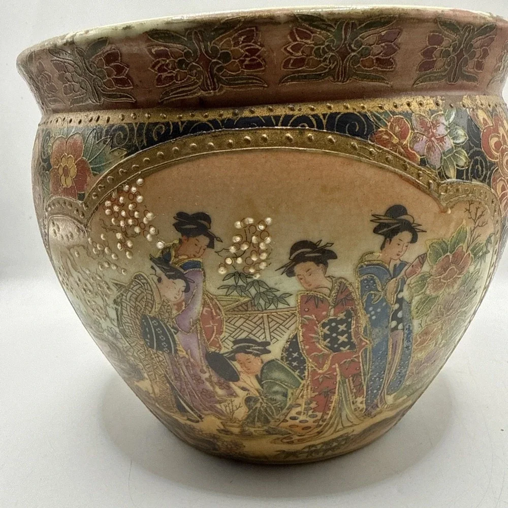 Vintage Satsuma Style Porcelain Fishbowl Planter Gold Trim5
